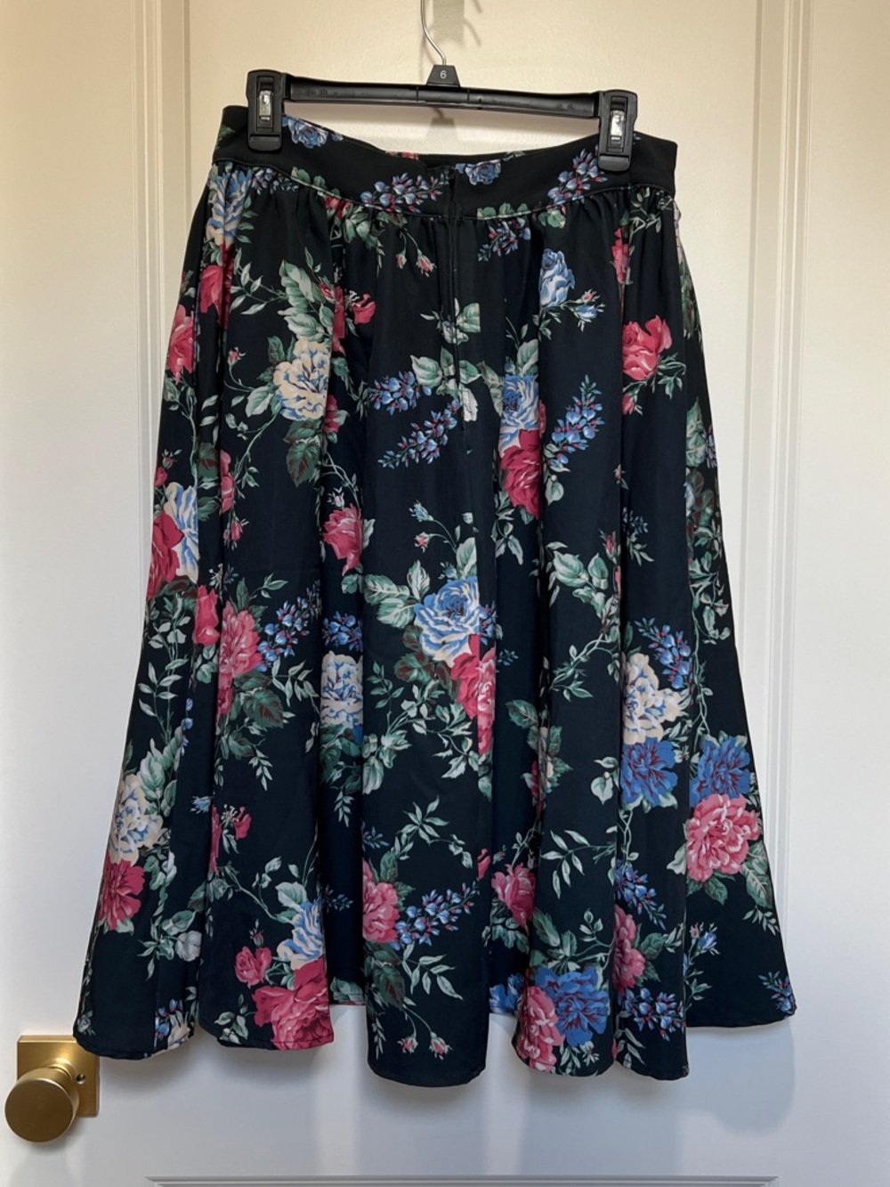 Vixen by Micheline Pitt Floral A-Line Midi Skirt in Black with Rose Print - Picture 2 of 4